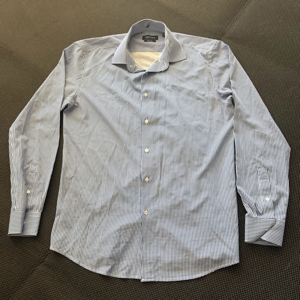 Nautica Men's Light Blue Checkered Dress Shirt